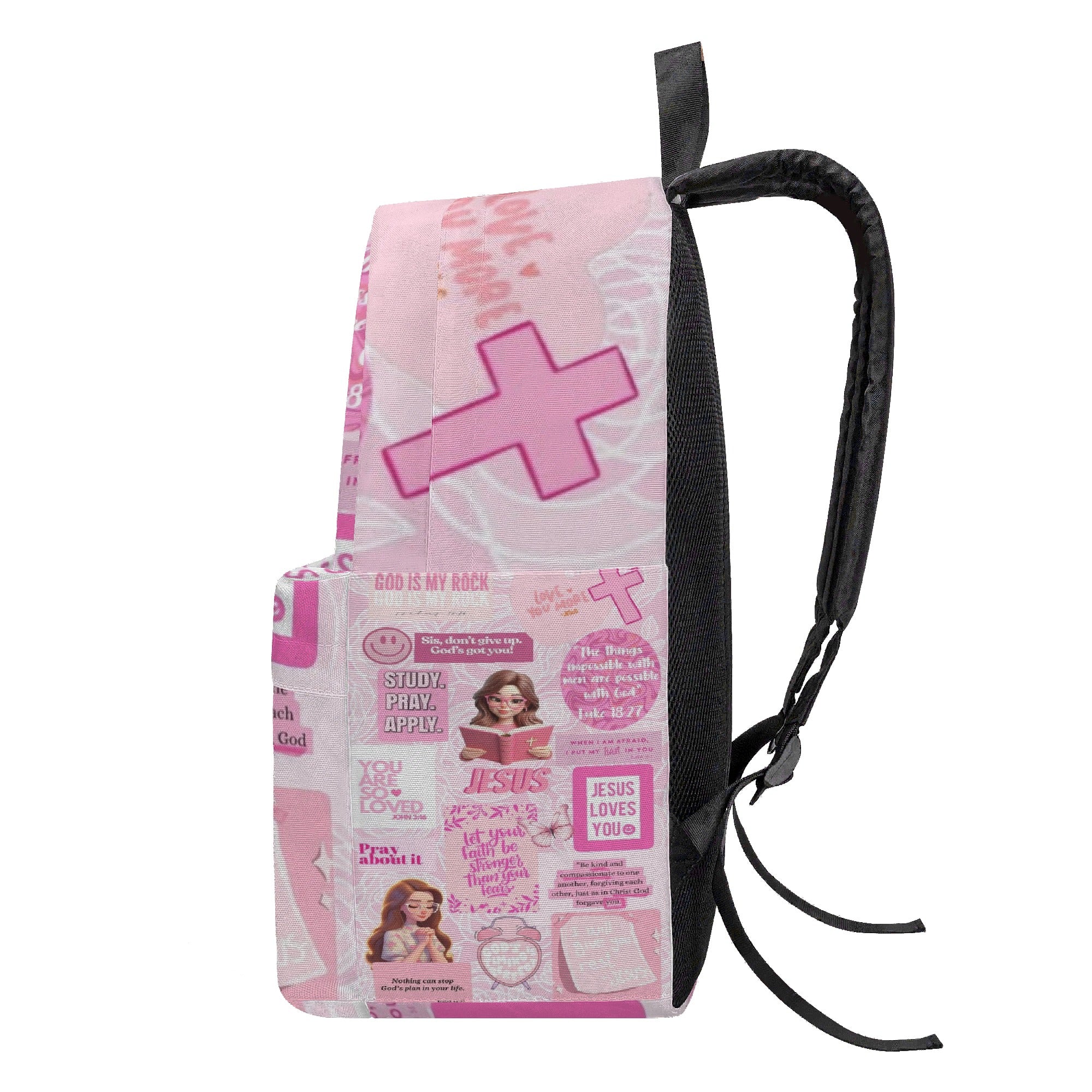 Pink Christian Girl Backpack – Cute Bible Verse Book Bag, Jesus Loves You Faith School Bag, Religious Gift for Teen Girls & Kids. PLAF15